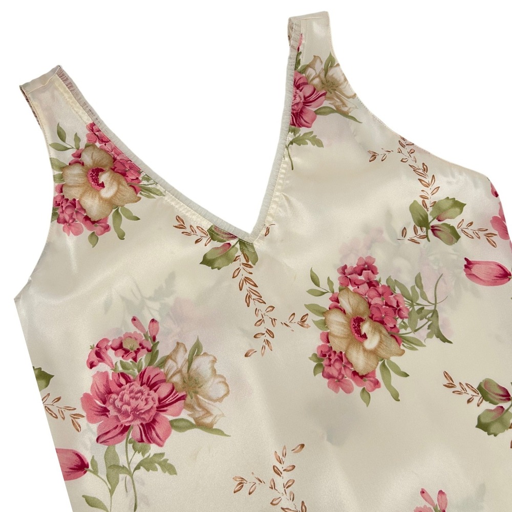 Inner Most Vintage Floral Satin Nightgown Cream Pink V-Neck Ruffle Hem Large